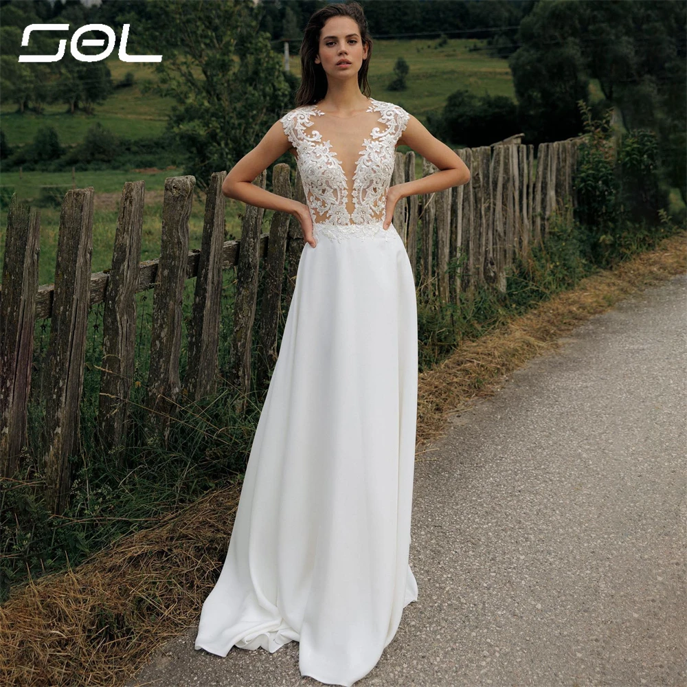 Vestido de novia de gasa con cuello en V, elegante vestido de novia bohemio con apliques de encaje, Espalda descubierta, línea A, Sexy, hecho a medida