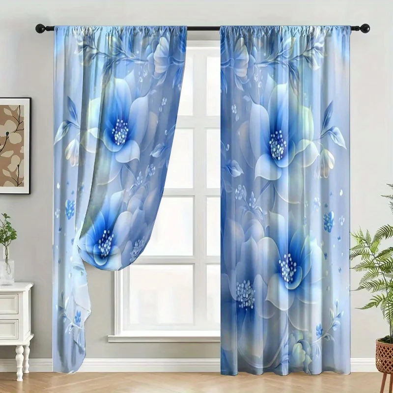 Vintage Transparent Blue Floral Vine Print Blackout Rod Pocket Curtain Pale Blue Gentle Zen Homestay Bedroom Rest Bay Window