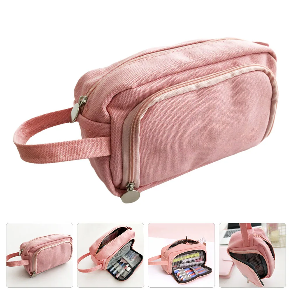 

1Pcs Canvas Pencil Case Stationery Bag Large Capacity Zipper Storage Organizer for Students School Office Supplies Gift (Pink)