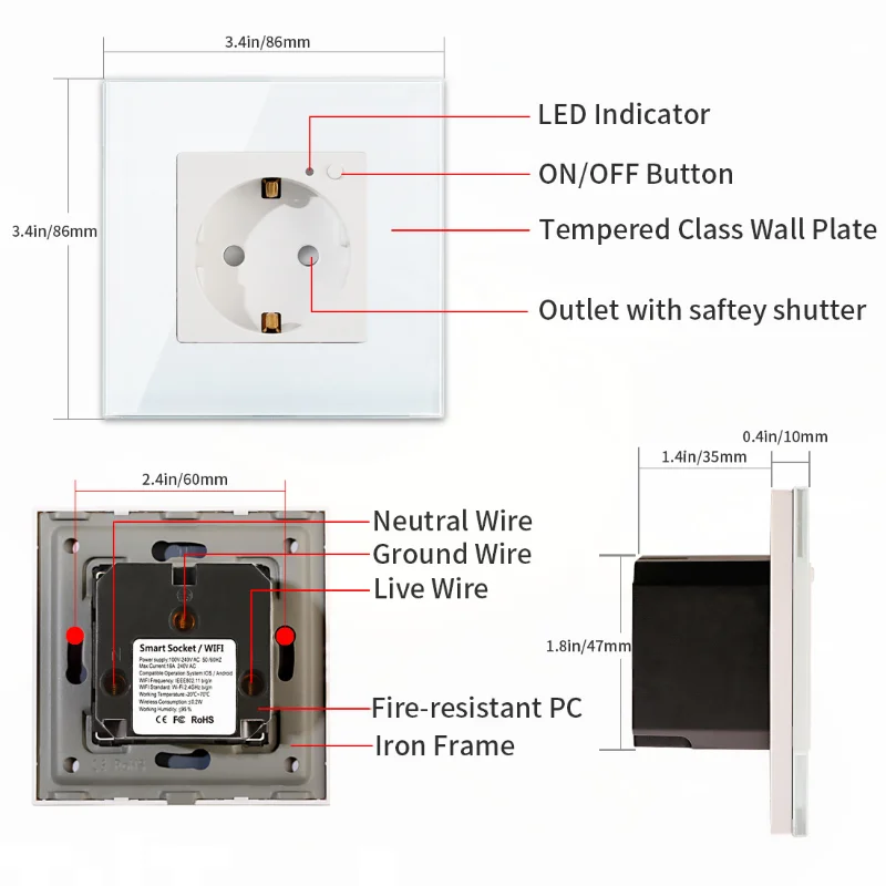 Wifi Socket EU Standard Smart Outlets Wall Socket 16A 100V-240V USB Type C White Black Gloden Crystal Glass Panel for Smart Home