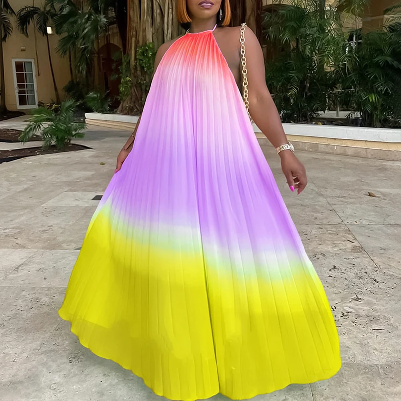 

Elegant Halter Pleat Hem Swing Long Dress Summer Sexy Sleeveless Backless Loose Party Dress Fashion Gradient Print Holiday Dress