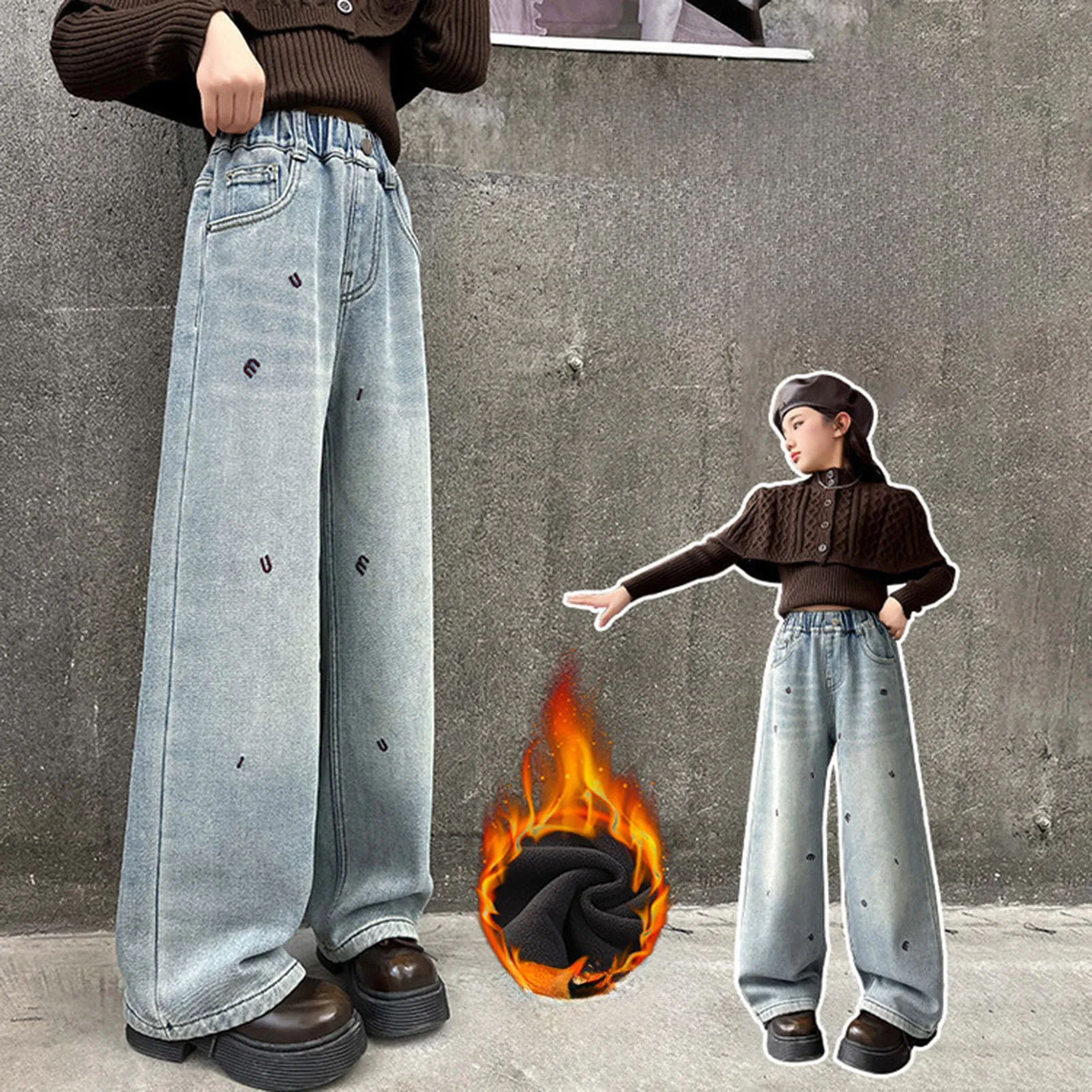 

Children Girls h Thickened Jeans Letter Denim Wide Leg Pants Medium And Large Winter Pants for Girls Size 6
