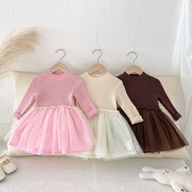 

2025 New Autumn European American Style 1-6Yrs Baby Girl Party Dress Long Sleeved Knitted Mesh Splicing Kids Princess Dresses