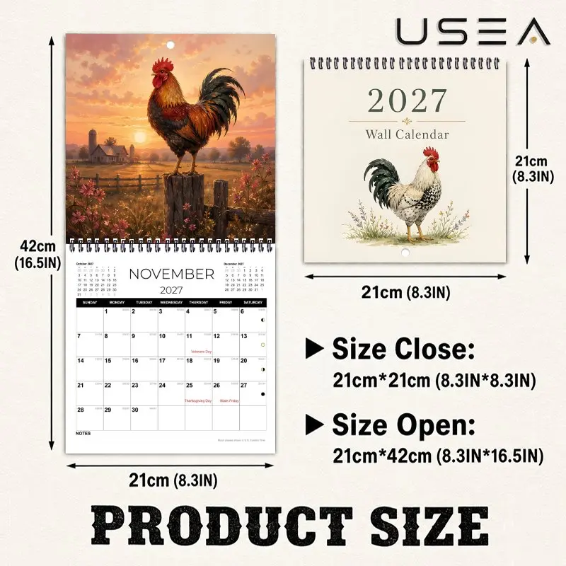 2027 Wall Calendar,12 Month Hanging Monthly Planner,Square Farmhouse Rooster,US Holidays Lunar Phases, Aesthetic Wall Decor Gift