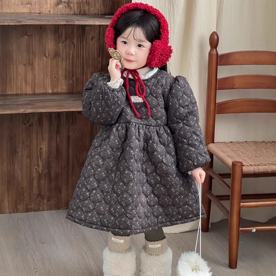 2025 New Autumn Fashion Korean Kids Clothing Girls Quilted Thickened Dresses Kids Floral Plus Velvet Cotton Clothing Boutique
