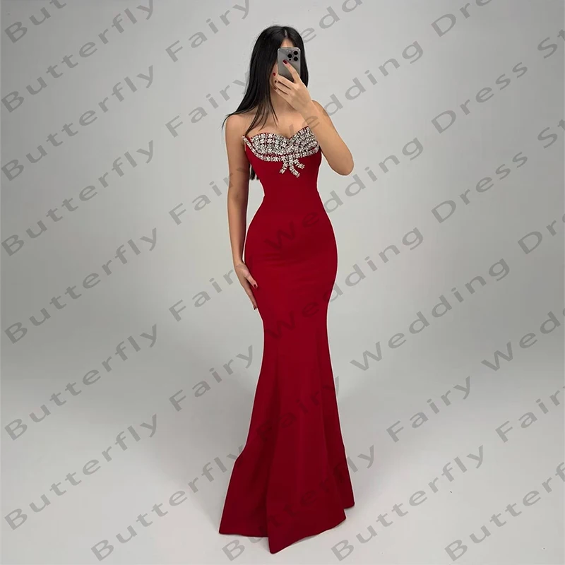 Burgundy Women's Sexy Sleeveless Evening Gowns Mermaid Off Shoulder Glitter Bead Princess Prom Dresses Formal Party Customized