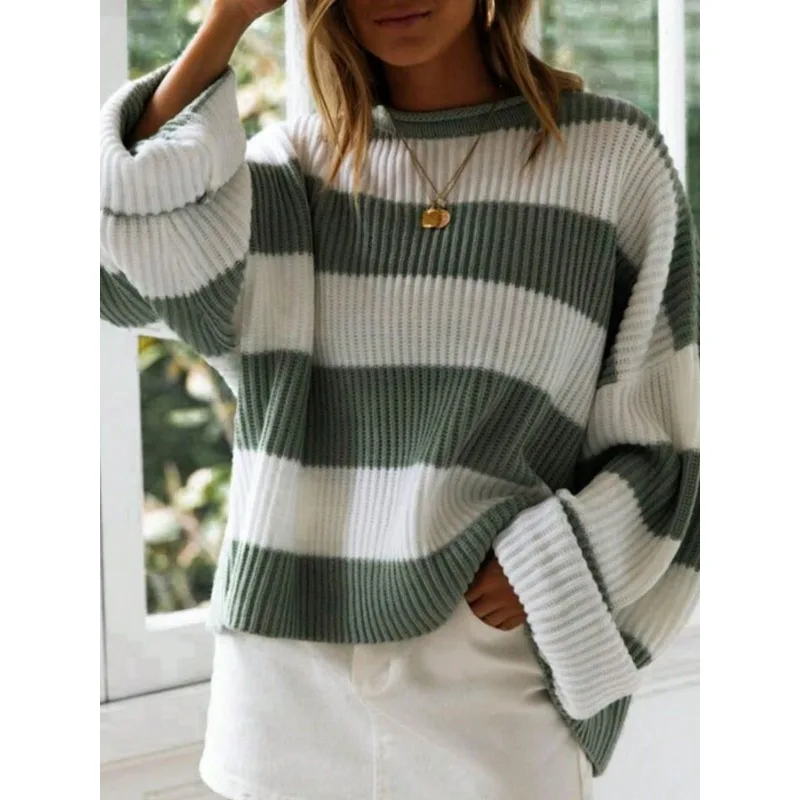 

Autumn Winter Vintage Color Block Striped Women Sweater Loose Round Neck Lazy Style Fashion Knitted Pullover Women Top