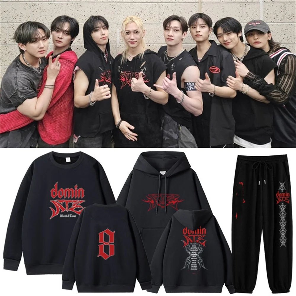 KPOP Idols World Tour ATE HD Printing Loose Black Hoodie Felix Hyunjin Bangchan I.N Cotton O-Neck Sweatshirt Pants Fans Gift