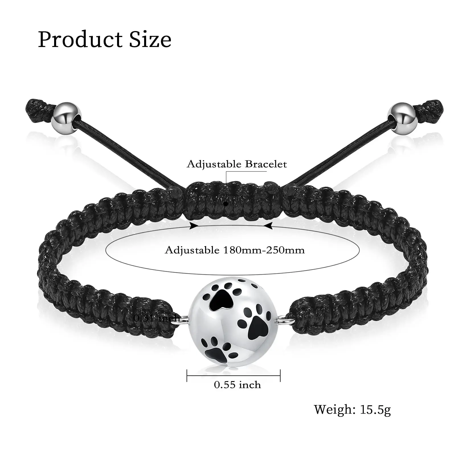 Paw Print Ball Cremation Bracelet for Ashes Pet Dog Cat Urn Keepsake Jewelry Adjustable Bangle Memorial Gift for Women Men