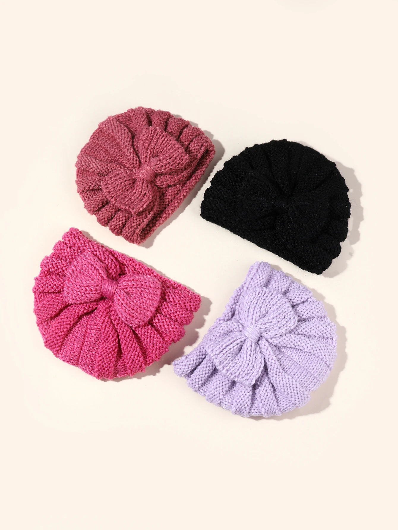 4pcs Bow Knit Baby Hat Girls Boys Elastic Bonnet Autumn Winter Warm Turban Hats Solid Color Woolen Cap Kids Accessories