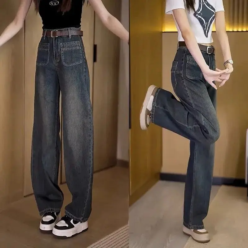 Autumn Comfortable Womens Straight Jeans Skin Friendly Leisure High Waist Wide Leg Loose Baggy Denim Trousers Street Fashion