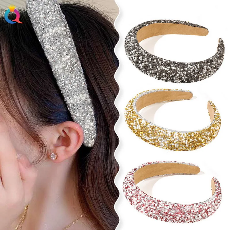 women korea rhinestone headband girsl luxury pearl hairbands adults white Hair bands thick Sponge Hair Hoop wide head band