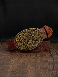 Men's Casual Vintage Carved Flower Round Metal Buckle Brown Floral Embossed Belt, Suitable For Daily Wear Halloween
