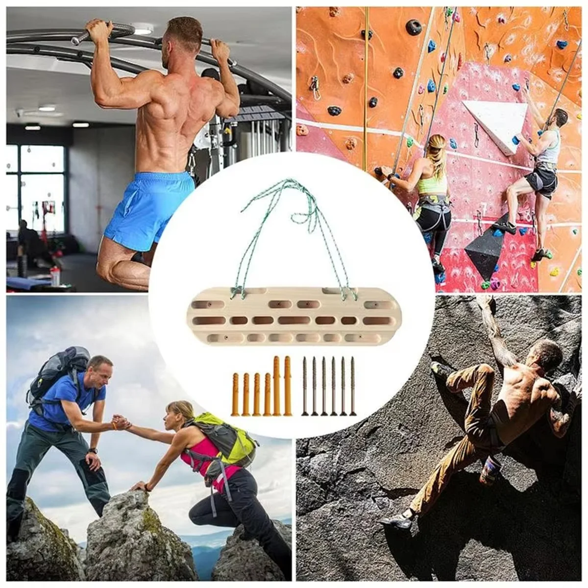 N18R Wooden Climbing Fingerboard with Hanging Rope, Indoor Outdoor Training Hangboard for Climbers and Athletes