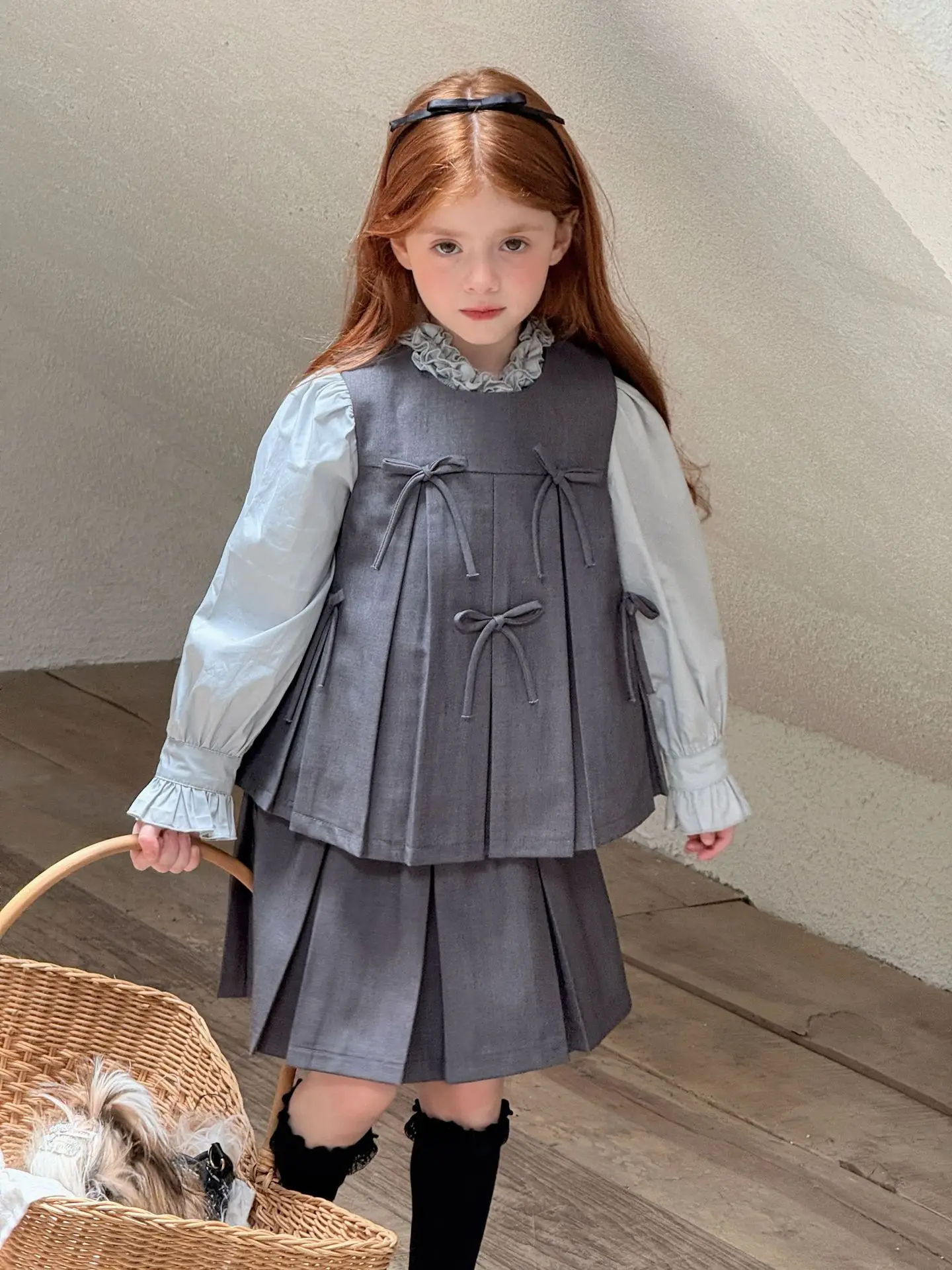 

Girls Suit 2025 Autumn and Winter New Children's Clothing Korean Style Girl Baby Gray Bowtie Suit Two-piece Casual Simple