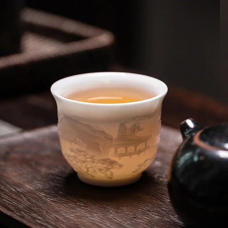 Mutton Fat Jade White Porcelain Hand Carved Pavilion Master Cup Large Tasting Cup Kung Fu Tea Set Gift Box
