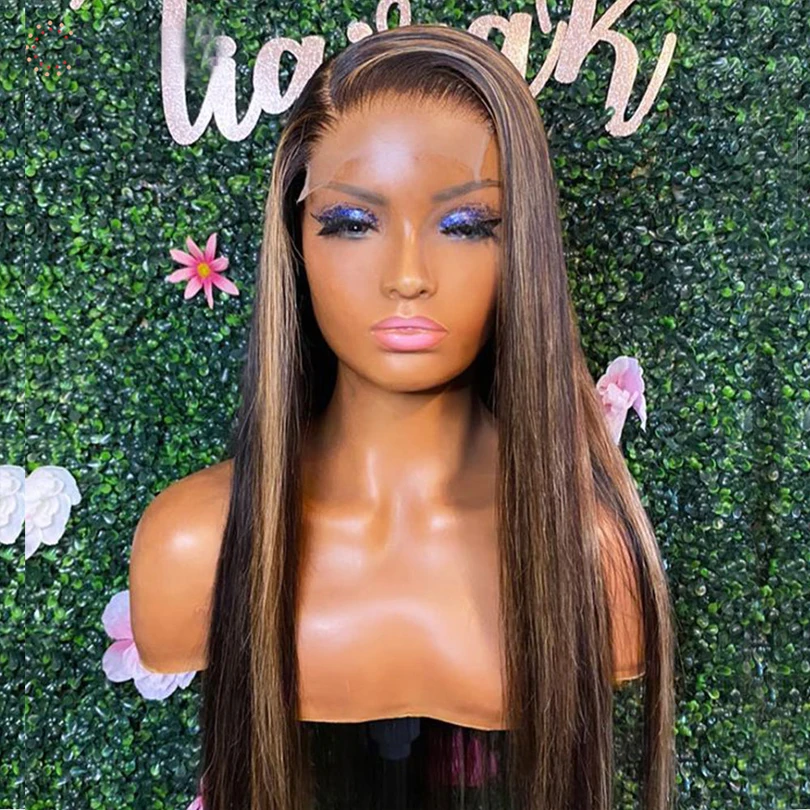 

26Inch 180Density Glueless Straight Long Natural Highlight Brown 13*4*1 Lace Front Wig For Women Synthetic PrePlucked Daily