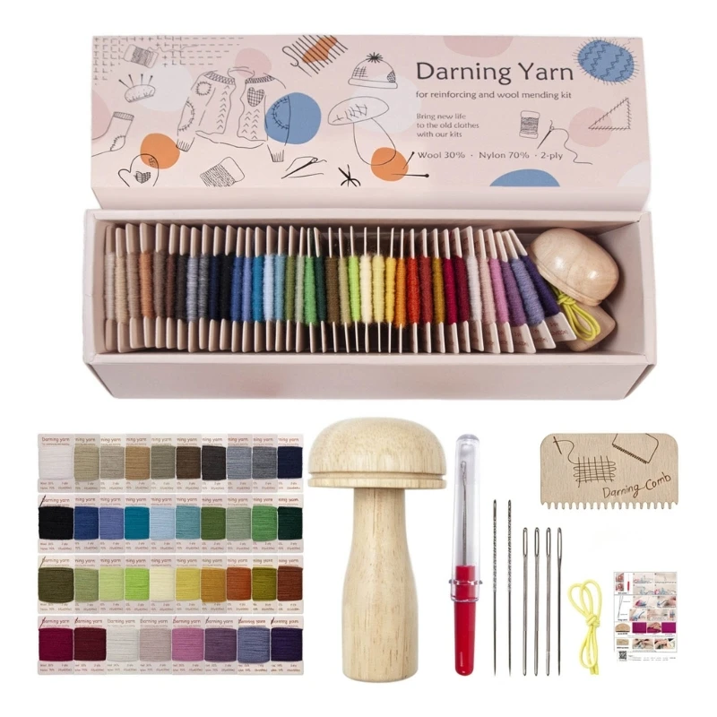Darning Yarn Set With 38 Color Wool Nylon 2-Ply Yarn, Wooden Mending Mushroom, Comb, Hook and Needle for Clothing Repair Y5GB