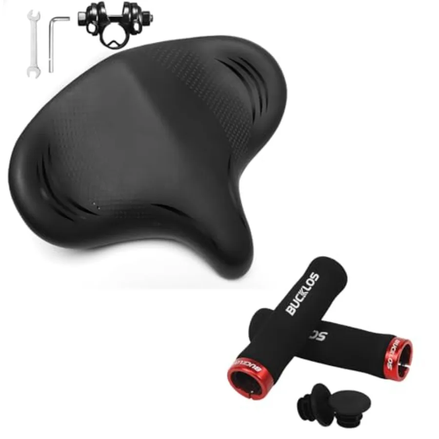 

Comfortable B518 Black Bike Seat Cushion Wide Black Saddle and Sponge Handlebar Single Lock on Bike Grips