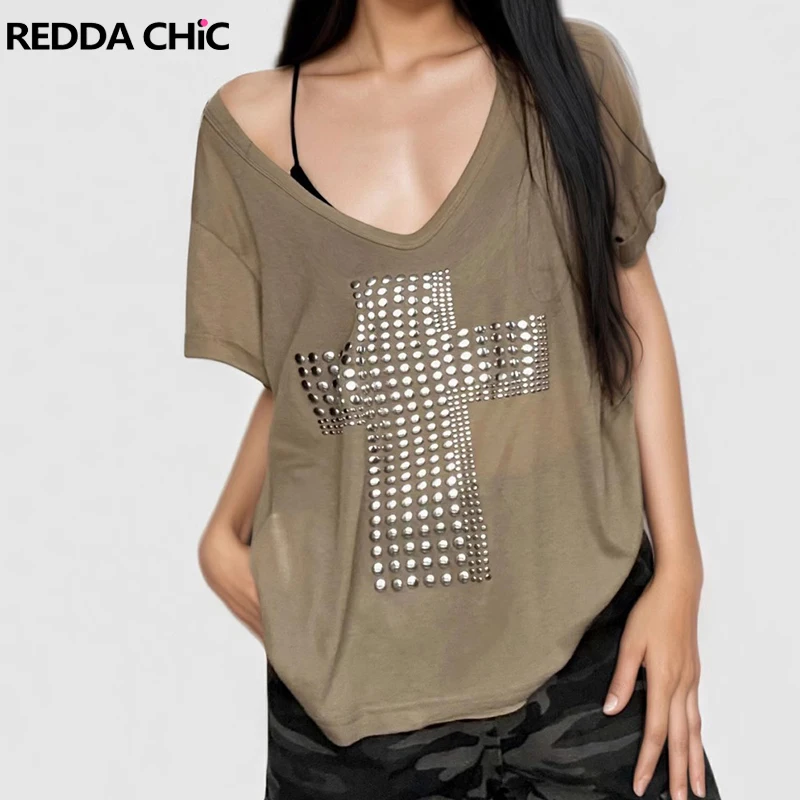 

REDDACHiC Women Cross Studded T-shirt Semi-sheer Short Sleeve Loose Casual V-neck Off Shoulder Tee Top Punk Grunge Streetwear