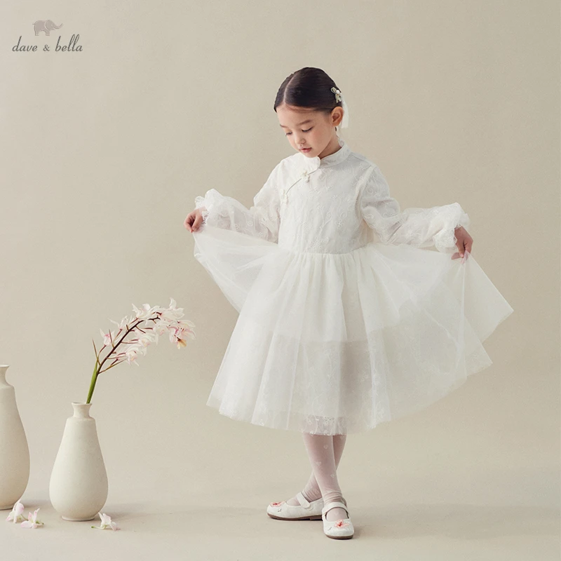 

DK1231903 Dave Bella Spring Girl's Fashion Soild White Mesh Draped Dress Children Sweet Dress Kids Infant Lolita Clothes