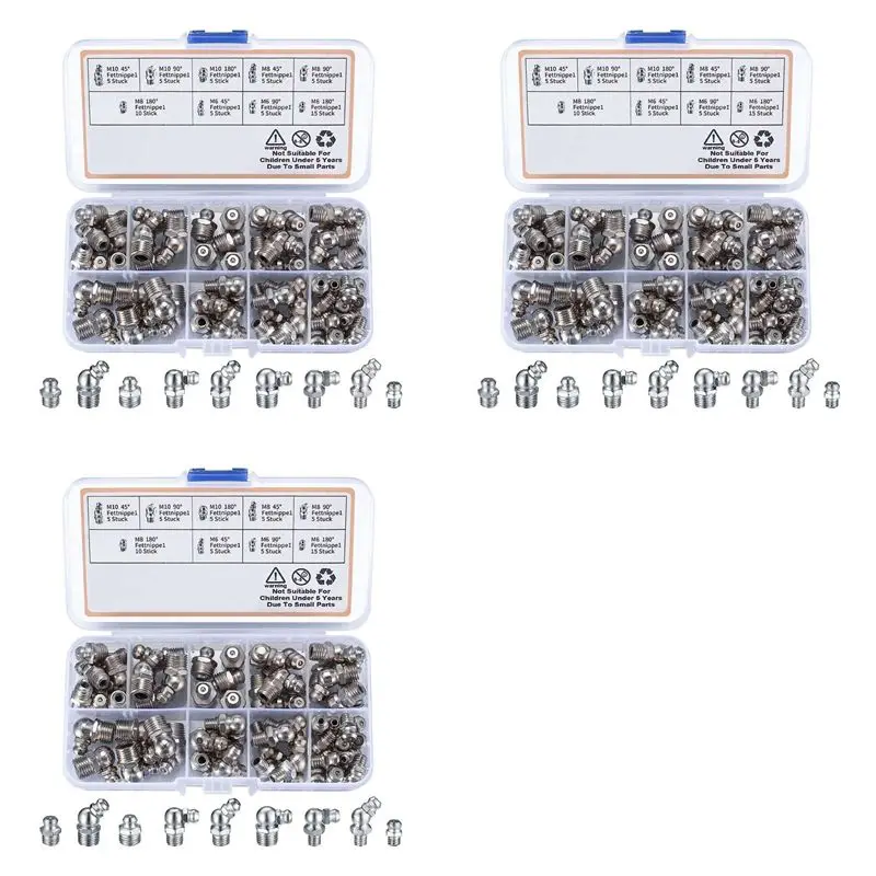 A25F-180Pcs Metric Grease Fittings Kit, M6 M8 M10 45 90 Degree Hydraulic Grease Zerk Assortment For Angled Grease Mechanical
