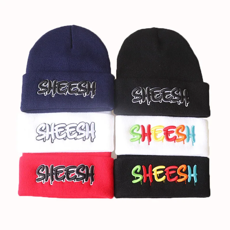 Trendy letters SHEESH 3D embroidery knitted hat, warm hood, hip-hop hat, woolen hat