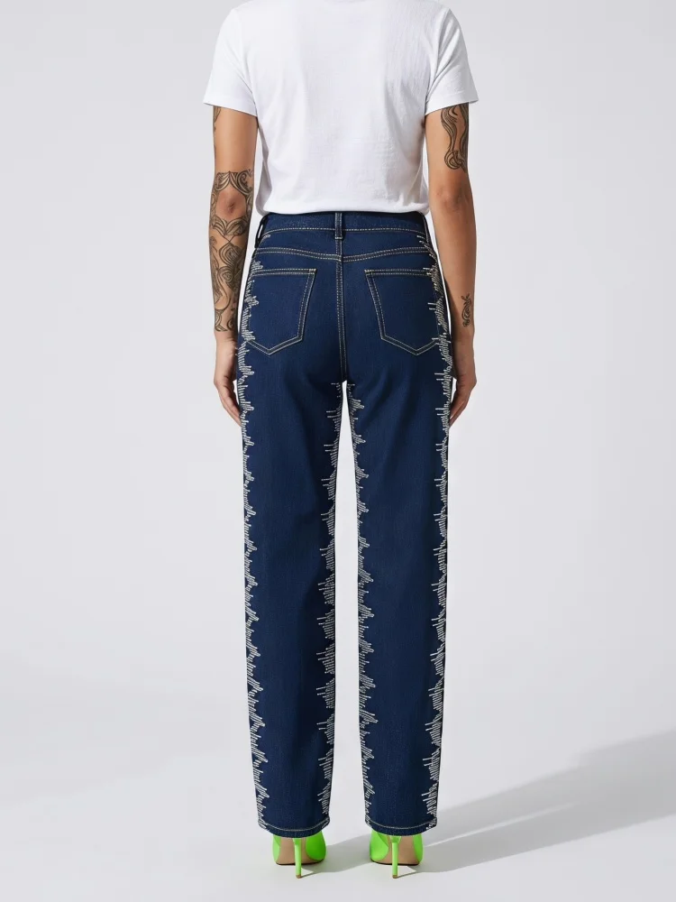 2026 Trend Y2K Style Dark Blue Hot Fix Rhinestone Baggy Women's Jeans Pants For Woman Clothing Straight Gothic Denim Trousers