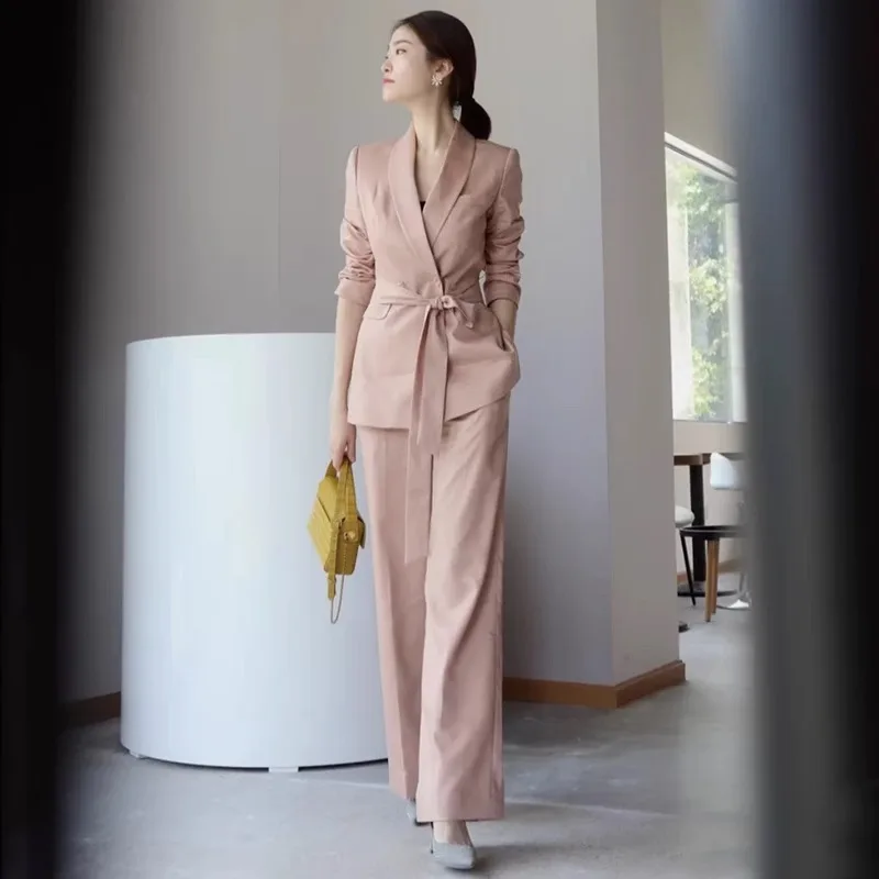 

Spring And Autumn Advanced Suit Set Female Pink Lace-Up Suit Professional Casual Temperament Wide Leg Pants Two Pieces Suit Set