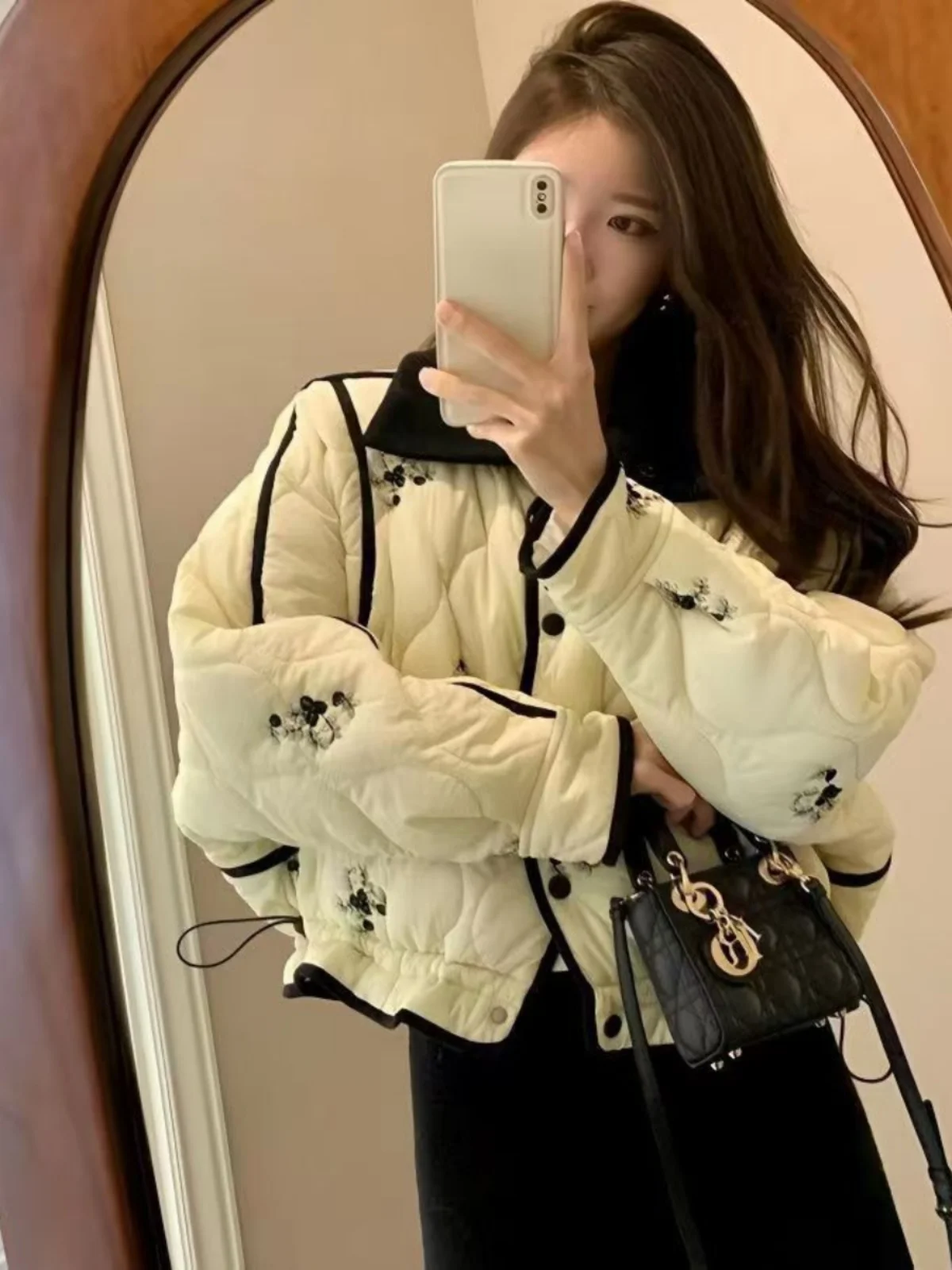 Elegant Printed Cotton Jacket for Women Loose Fit Short Style Unique Design Autumn Winter New Arrival Fashionable Commute Wear