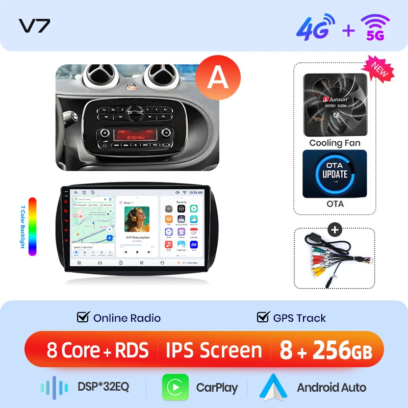 Junsun draadloze CarPlay Android Auto autoradio voor Smart Fortwo (C453) / Forfour (W453) 2014-2021 met ingebouwde koelventilator, Android GPS navigatie, multimediaspeler, WiFi, DSP, RDS, BT, SWC, IPS