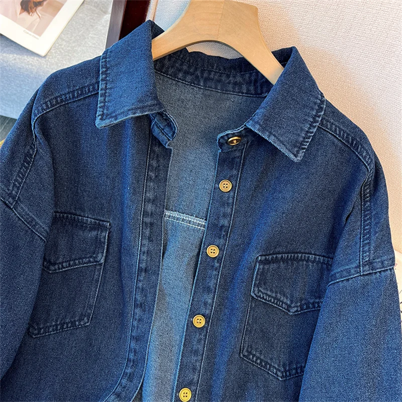 Primavera otoño mujer Vintage lavado azul oscuro azul claro Denim camisa chaqueta solapa de un solo pecho de manga larga Jeans chaqueta abrigo