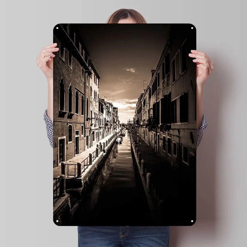 Carteles de hojalata de puesta de sol de Canal de Venecia, póster histórico, artículos de decoración Vintage para el hogar, letrero de Metal personalizado para decoración de arte de pared, cueva de hombre