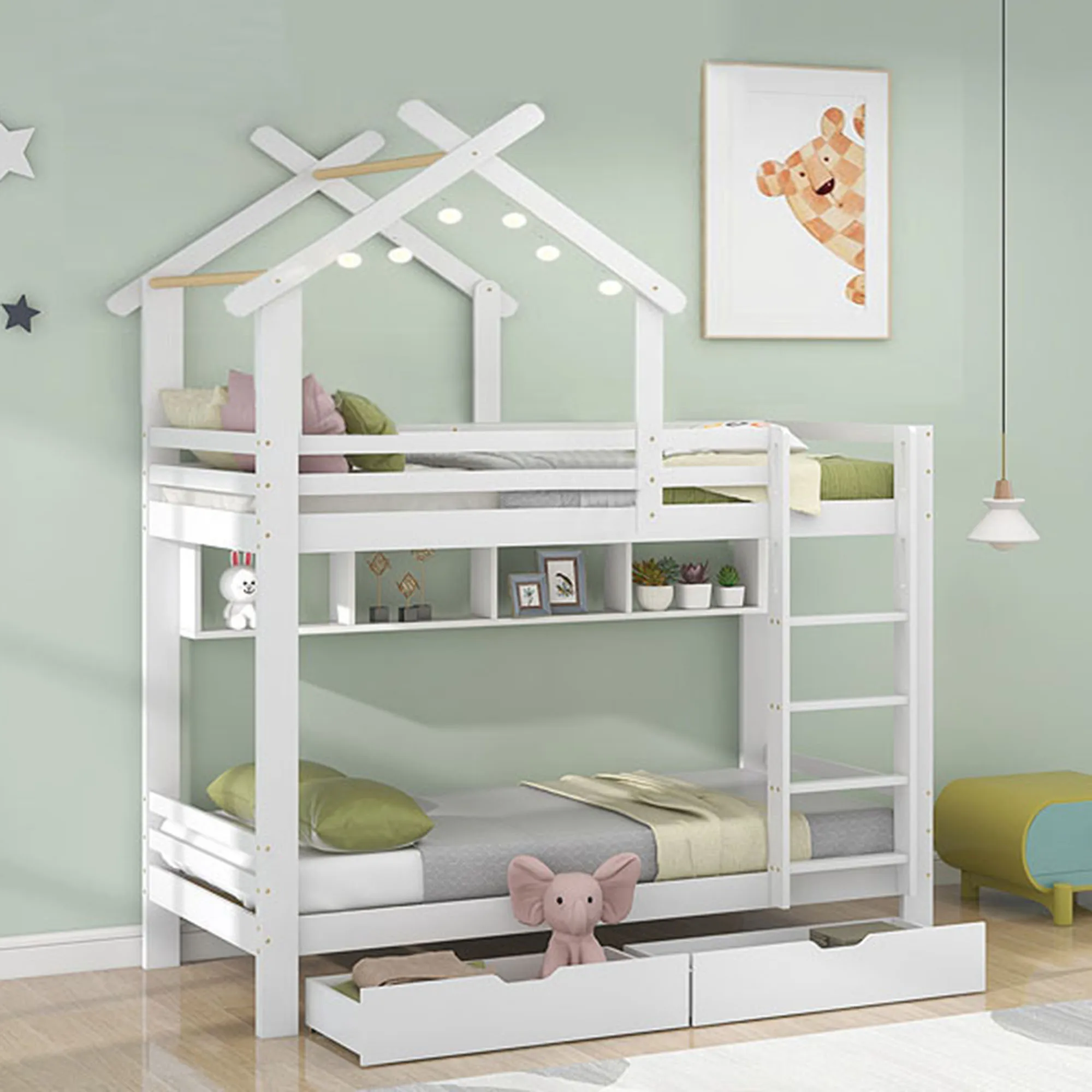 Bunk bed with drawers and shelves, house bed with three-tier right angle ladder, children's bed with fall protection and grid