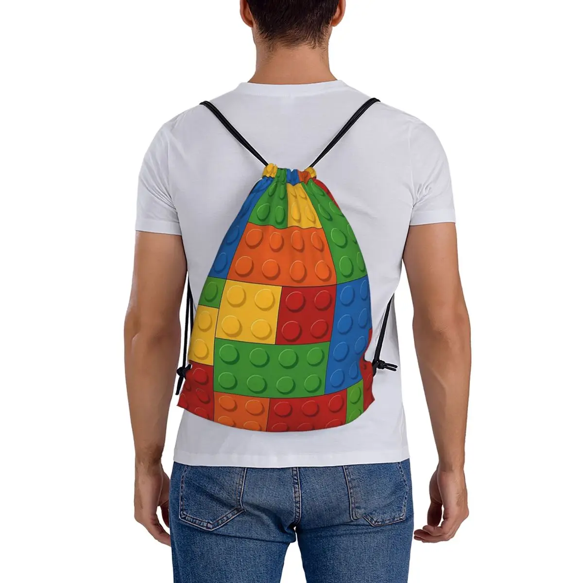 Colorful Building Blocks Backpacks Casual Drawstring Bundle Pocket Storage Bag Book Bags for Man Woman Students