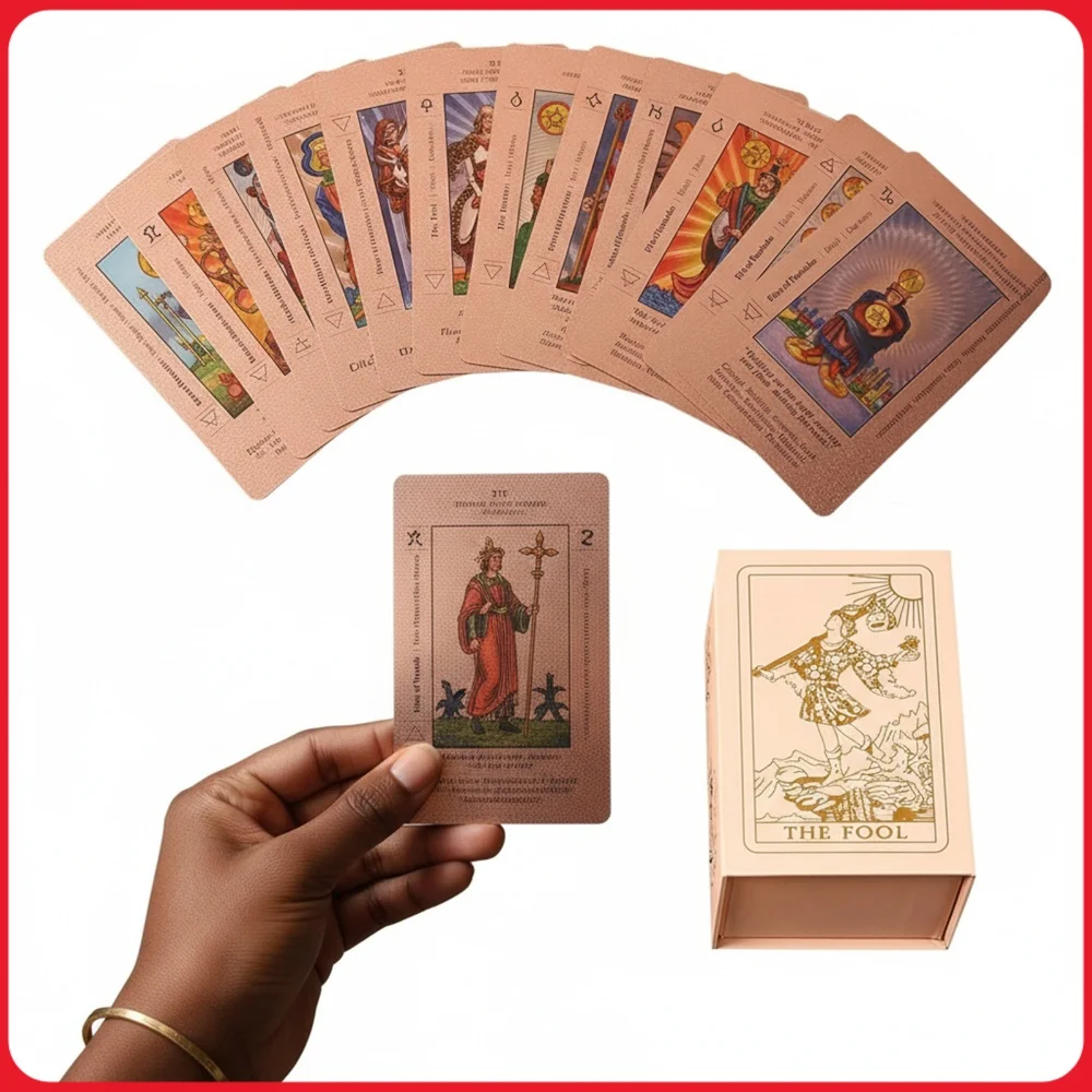 Set de cartas de adivinación mística en color oro rosa, con significados indicados en cada una, resistente al agua, ideal para principiantes y practicantes experimentados.