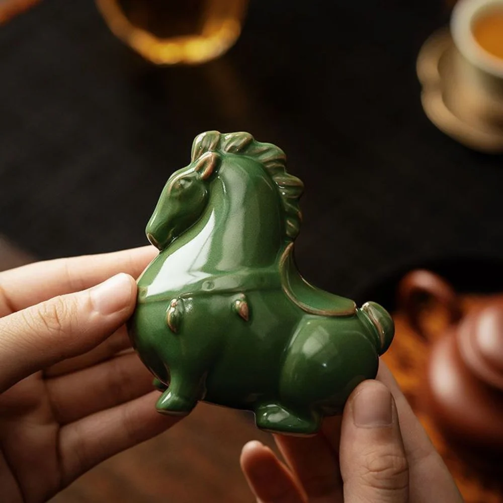 Ceramic Small Green Horse Tea Pet Statue Figurine Ceramic Tea Accessories Ornaments Chinese Tea Desktop Lucky Crafts Decorative