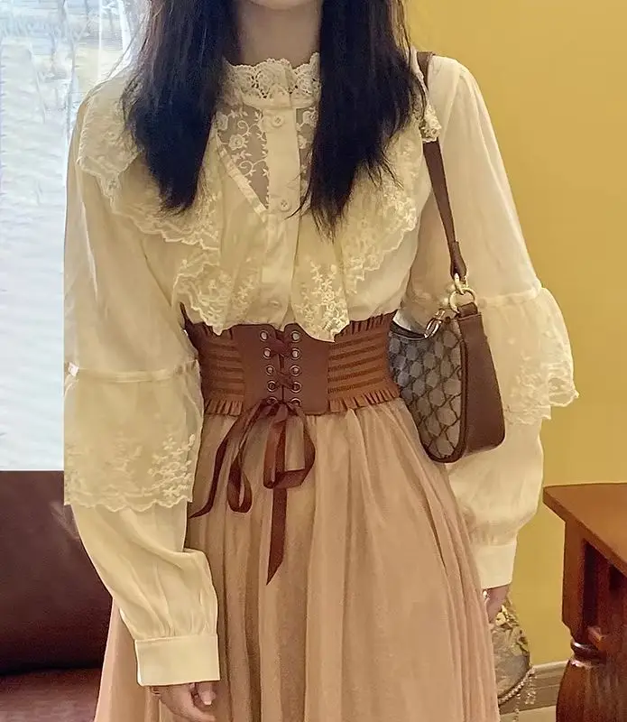 

Camisas De Mujer Moda Stand Neck Long Sleeve Loose Shirts Fashion Summer Blouse Tops Lace Vintage Blouses Women