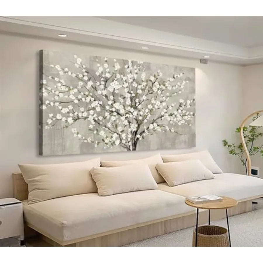 

Картина на холсте «Цветущее дерево» - Изображение белых цветов и зеленых листьев, декор для стен, мягкая серая живопись, элегантная флора