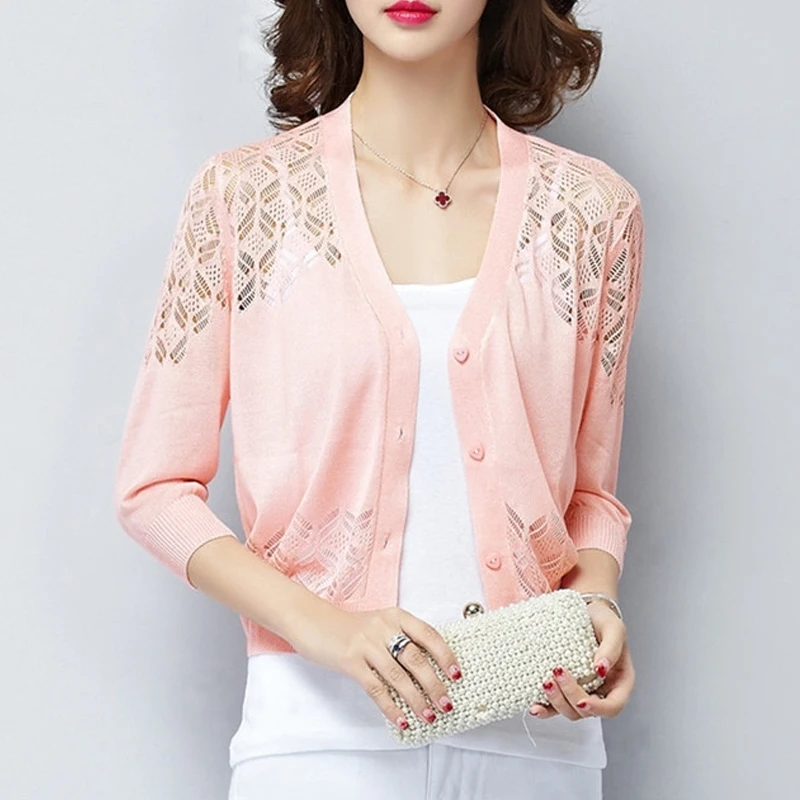 Women Sexy Hollow Out Elegant Single Breasted Knitted Cardigan Summer Casual V Neck Half Sleeve Solid Thin Sun Protection Jacket