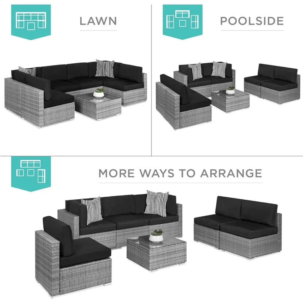 Outdoor Wicker Conversa Couch Set, Mobiliário Pátio Set, 2 Almofadas, Mesa de Café Tampa Incluída, 7 Pcs