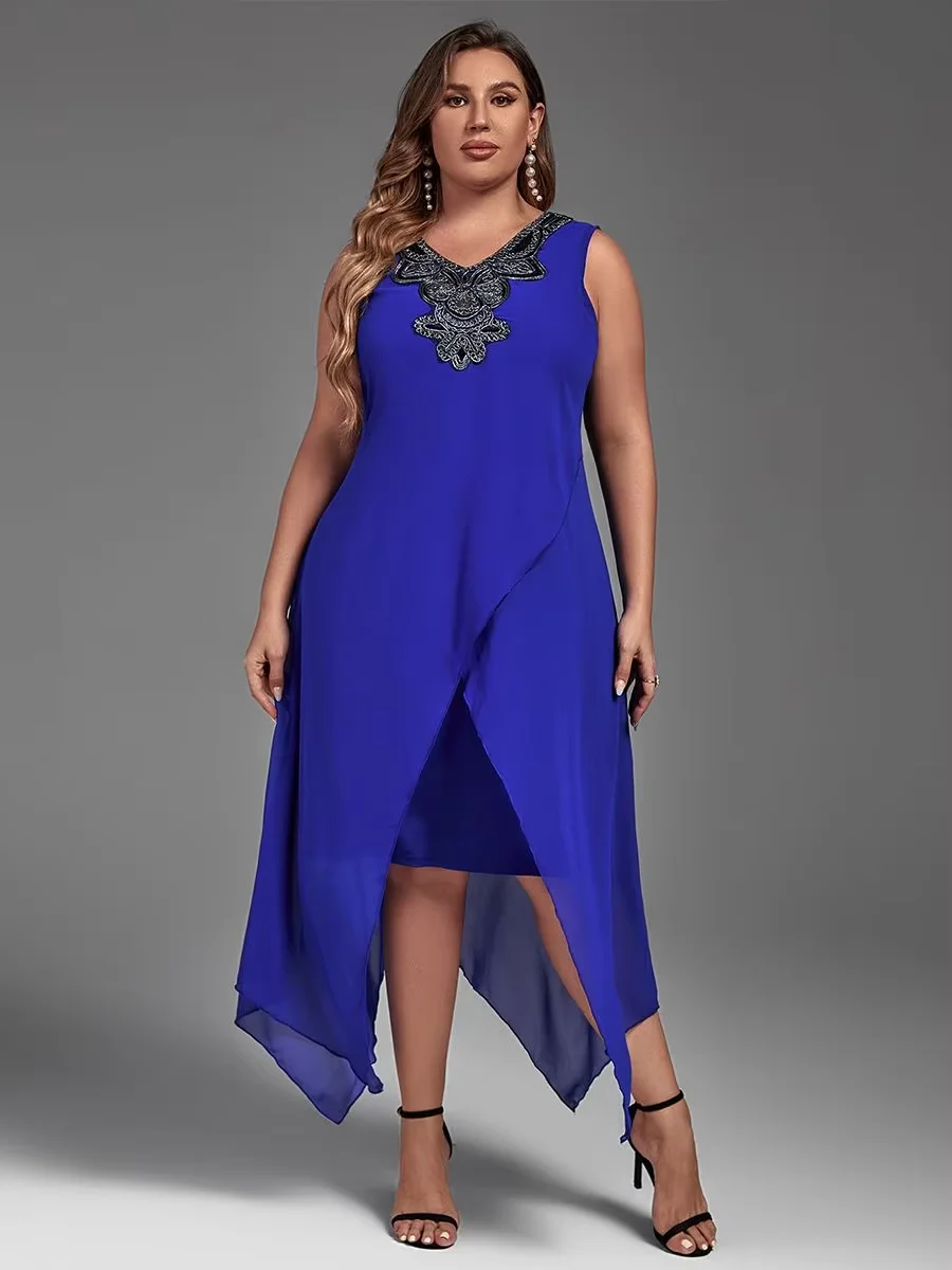 Plus Size Dress for Women Elegant Mesh Irregular Slim Long Dress 2025 Summer Casual Sleeveless Evening Party Dress 2XL 3XL 4XL view 4