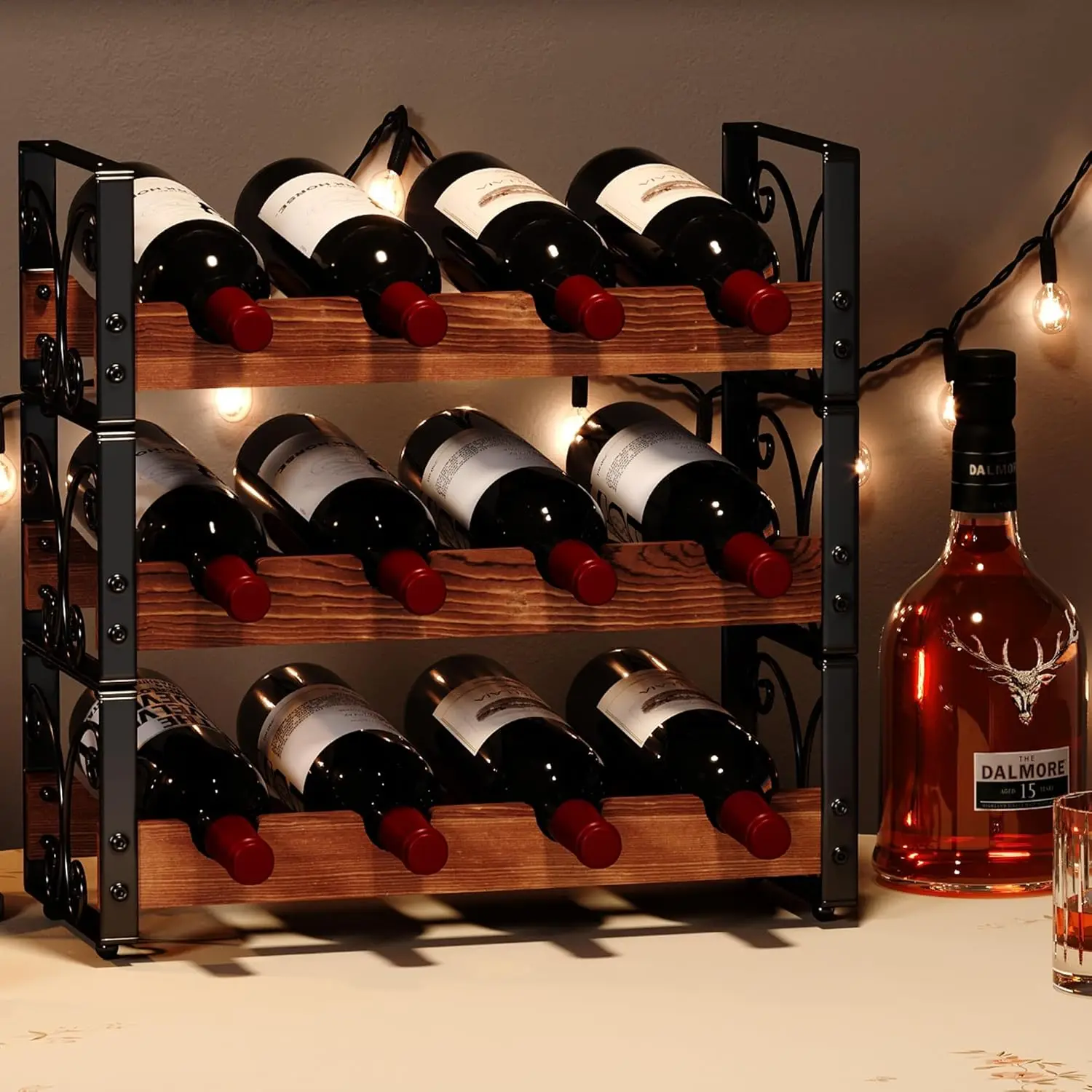 

Wine Rack Countertop, 3-Tier 12 Bottles Small Wine Rack Stackable for Inside Cabinet, Solid Wood & Wrought Iron Wine Bot