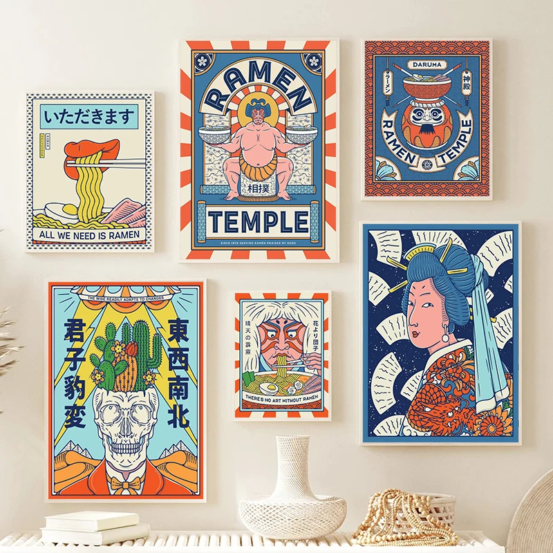 Pintura en lienzo de Japón, templo Ramen, pulpo, Sumo Kaiju Kabuki, dibujos animados, comida japonesa, arte de pared, cocina, habitación, decoración de pared del hogar