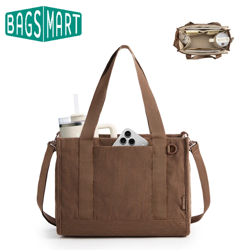 BAGSMART Corduroy Tote Bag for Women Multifunction Work Travel Teacher Nurse Bible Church Hobo Commute Handbag Fits 14' Laptop