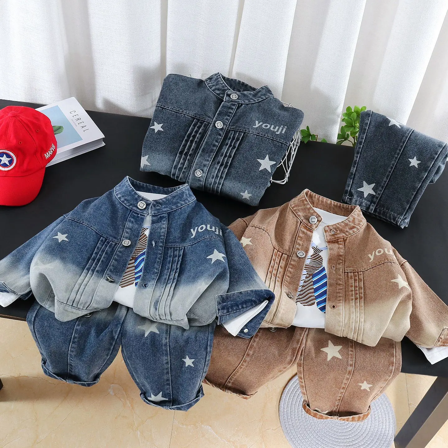 Boys' Suit 2026 Spring and Autumn New Children's Wear Boys' Baby T-shirt Casual Star Print Denim Coat Pants Three-piece Set