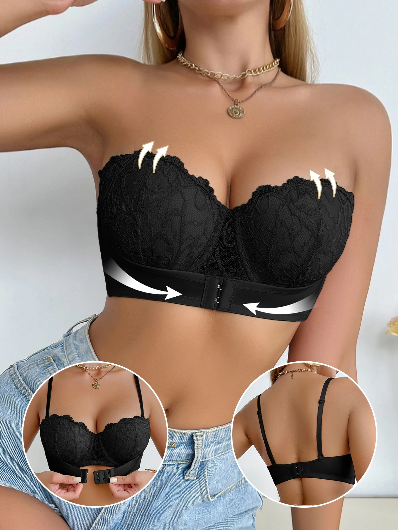 Damen-BH mit Blumenmuster und Spitze, Vorderverschluss, Push-up-Effekt, Verstellbare Träger, Bügel-Unterstützung, Damen-Unterwäsche-Oberteil – Detail 2