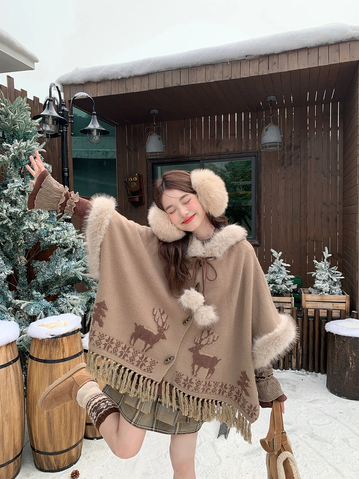 

MUCHA деревянное чайное пальто вязаный свитер с бахромой верхняя одежда большой меховой воротник с высоким воротником пушистое вязаное пальто Sweet Sle