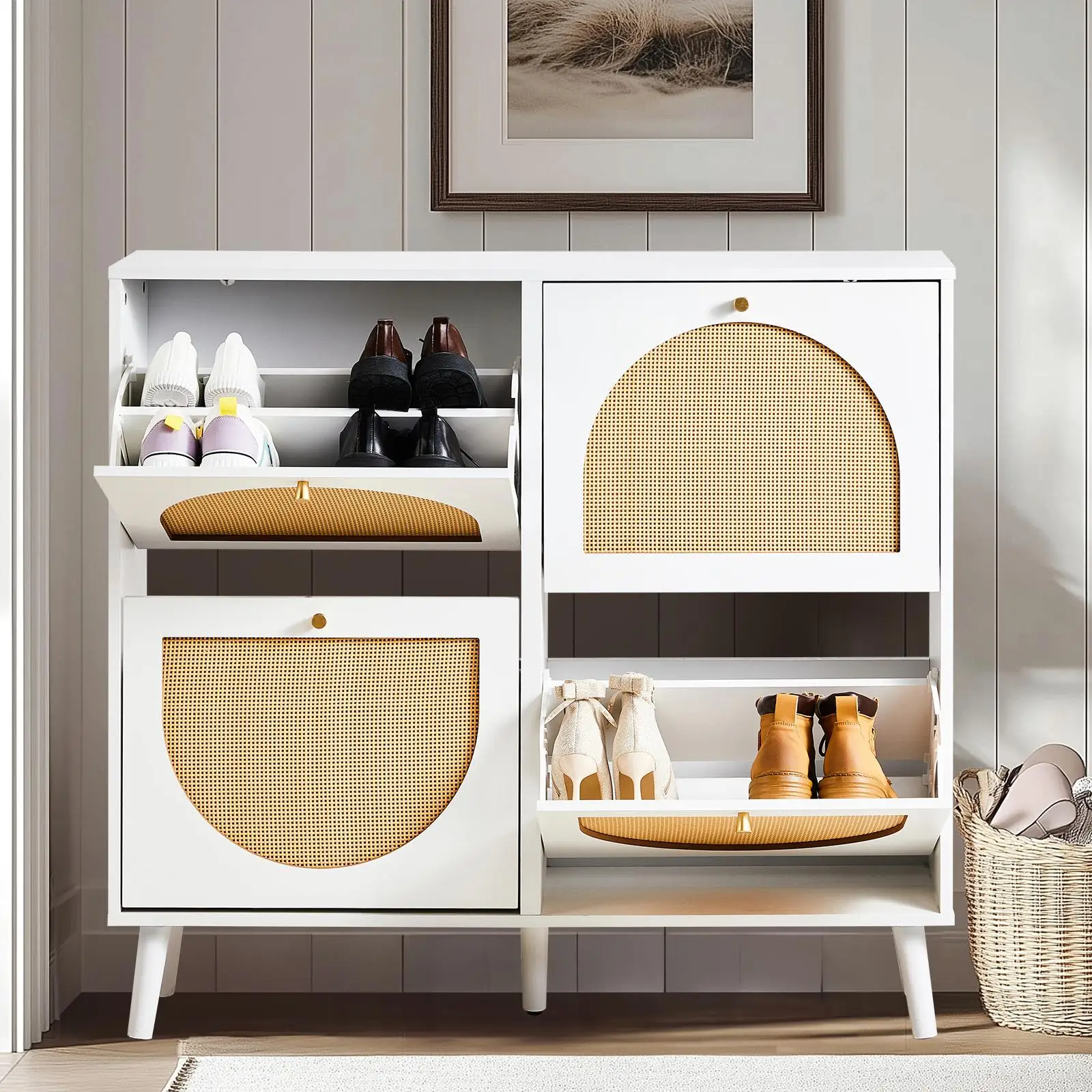 4-Bucket Rattan Shoe Cabinet - 2 Rows,  Frame, Gold Legs, 105x24x98cm, Durable Particle Board & Plastic Rattan