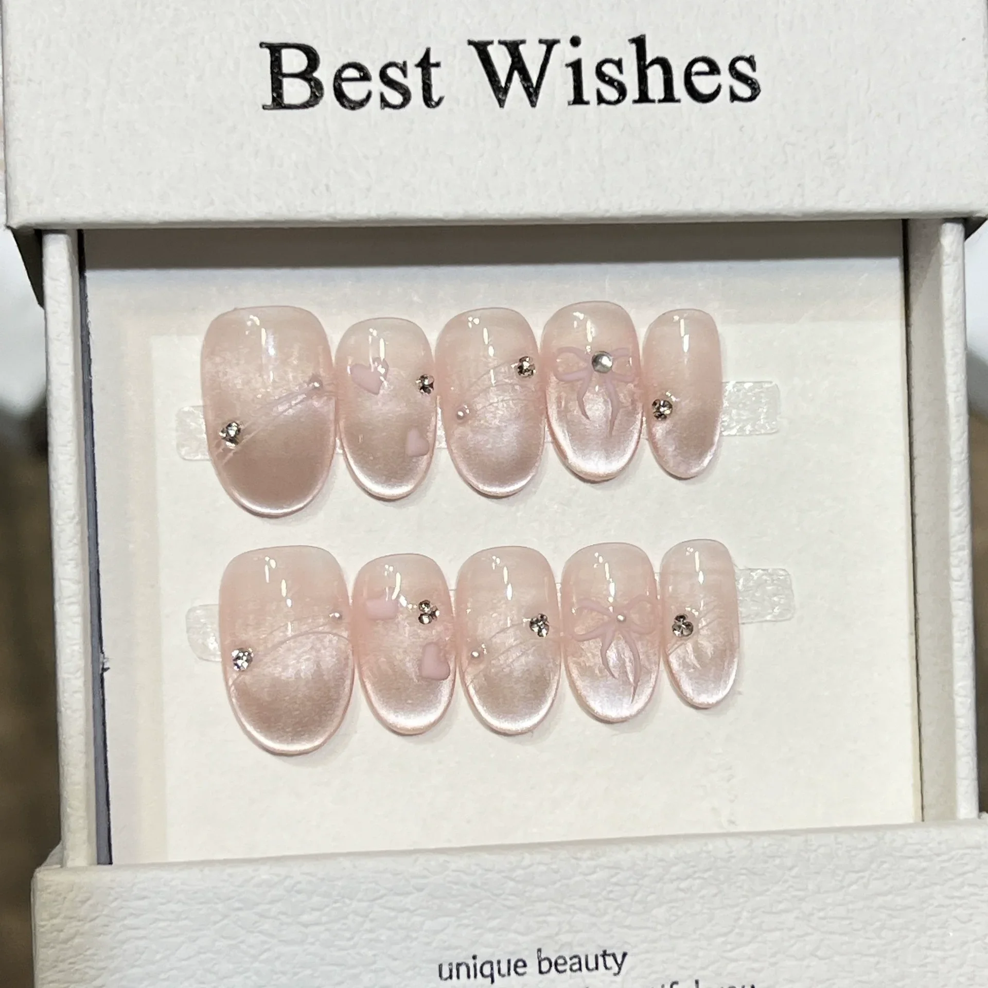 

10Pcs Cute Pink Blush Nail Tips Art Full Cover Cat Eye Bow Glitter French Short Round Fingertips Detachable Fashion Acrylic Nail